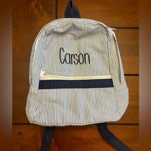 NWOT Navy white seersucker stripe toddler backpack custom name Carson